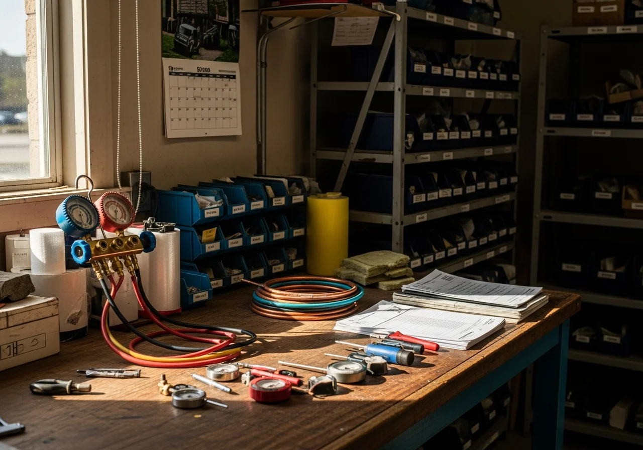 HVAC technician tools and equipment arranged on a workbench, representing professional heating and cooling service.