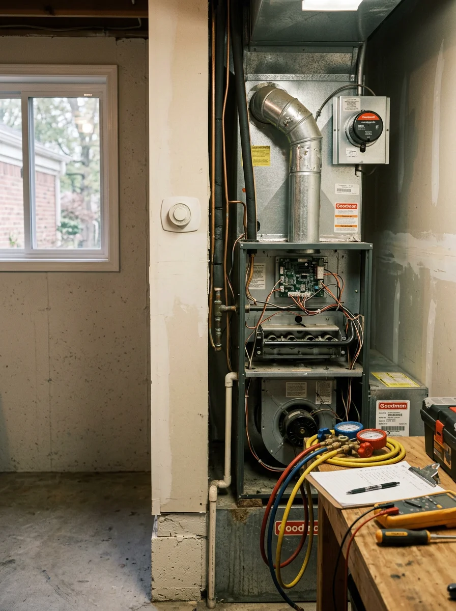 HVAC technician performing maintenance on a heating and cooling system in a Chesterfield home