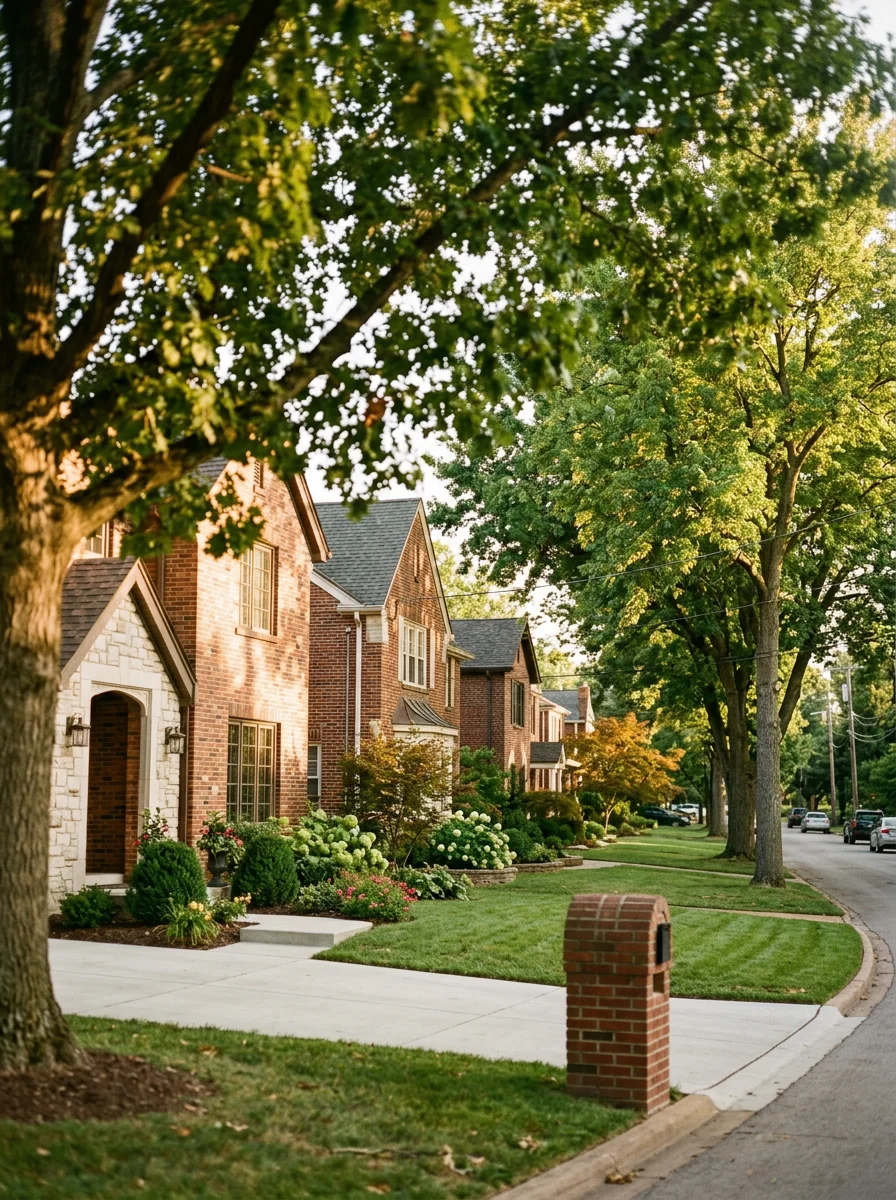 Kirkwood residential street featuring quality homes with established landscaping and mature trees