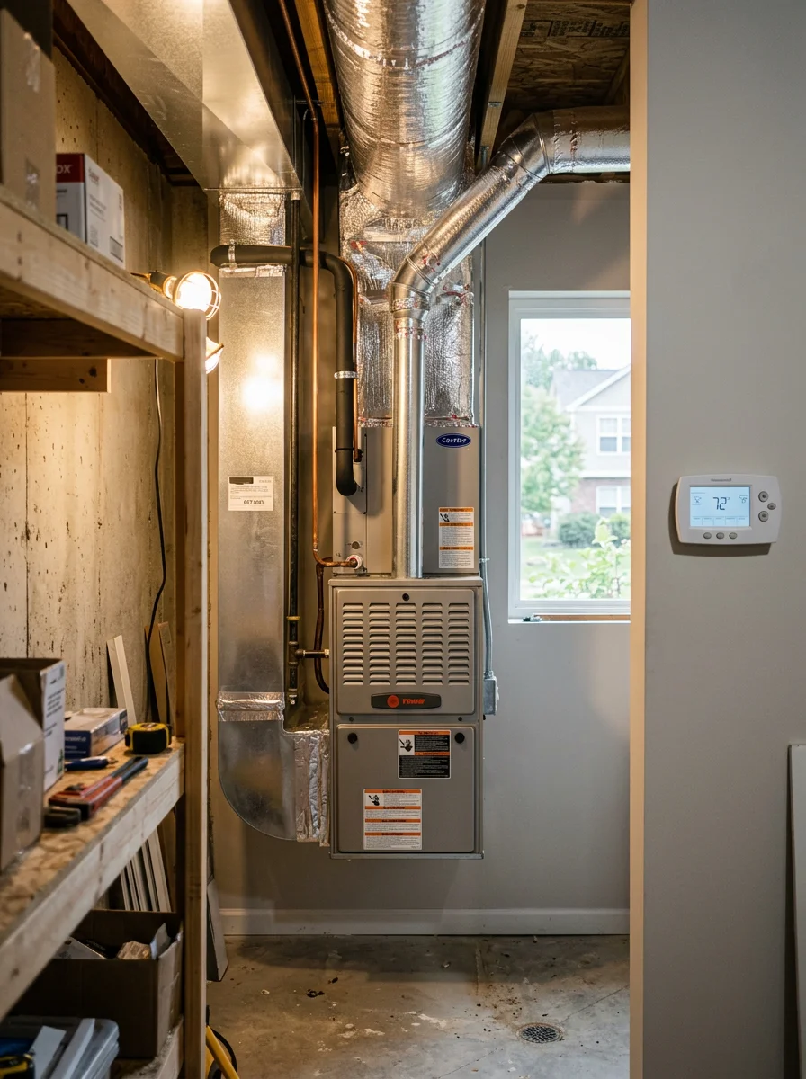 Modern HVAC technician installing high-efficiency heating system in Lake St. Louis home
