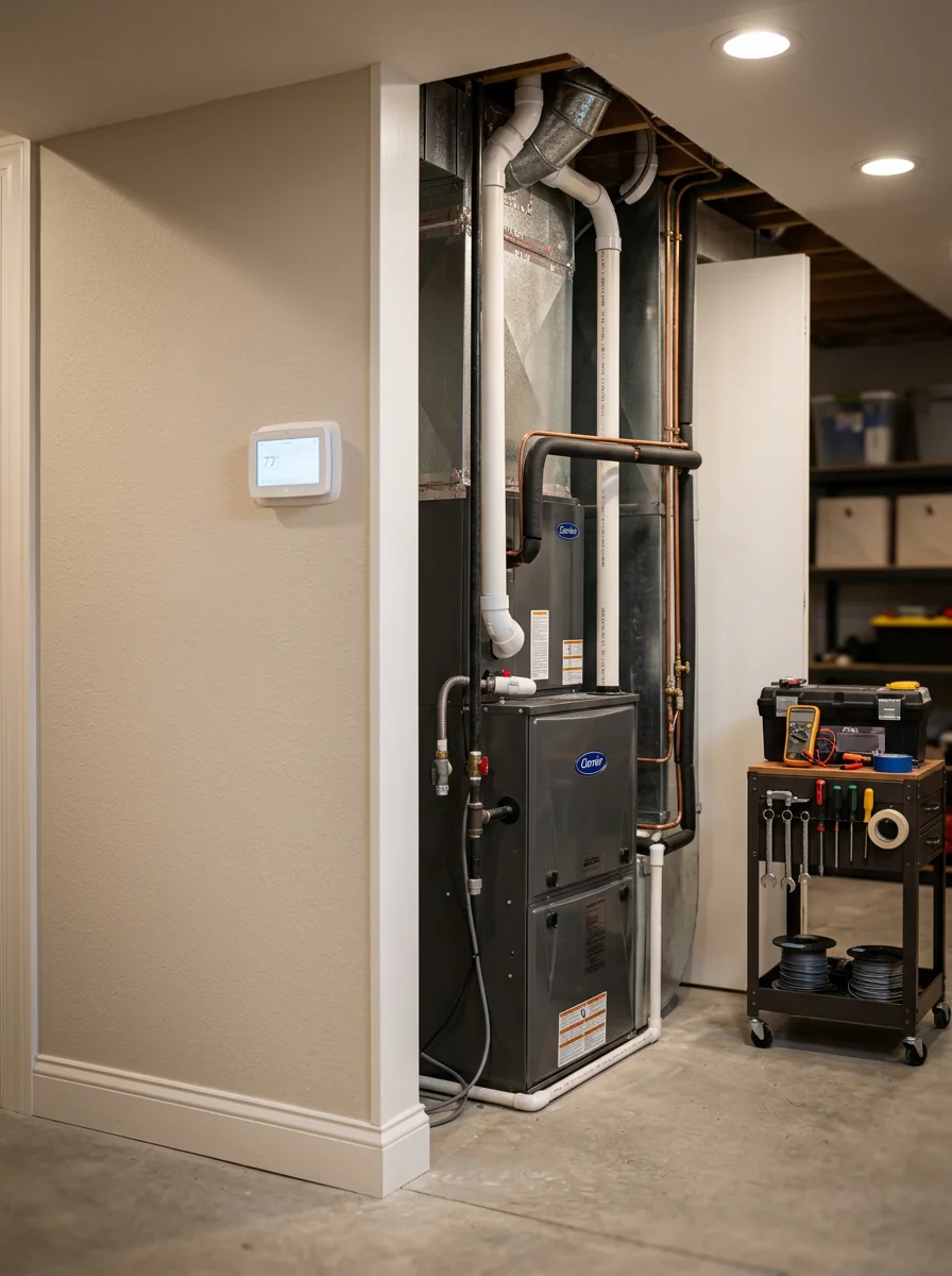 Modern HVAC technician installing high-efficiency heating system in O'Fallon home