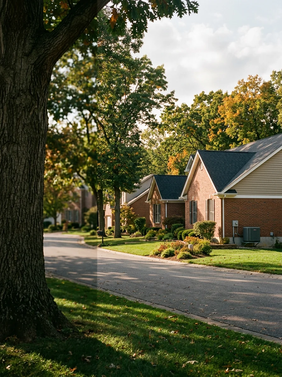 Modern suburban neighborhood in St. Charles County with residential homes and tree-lined streets