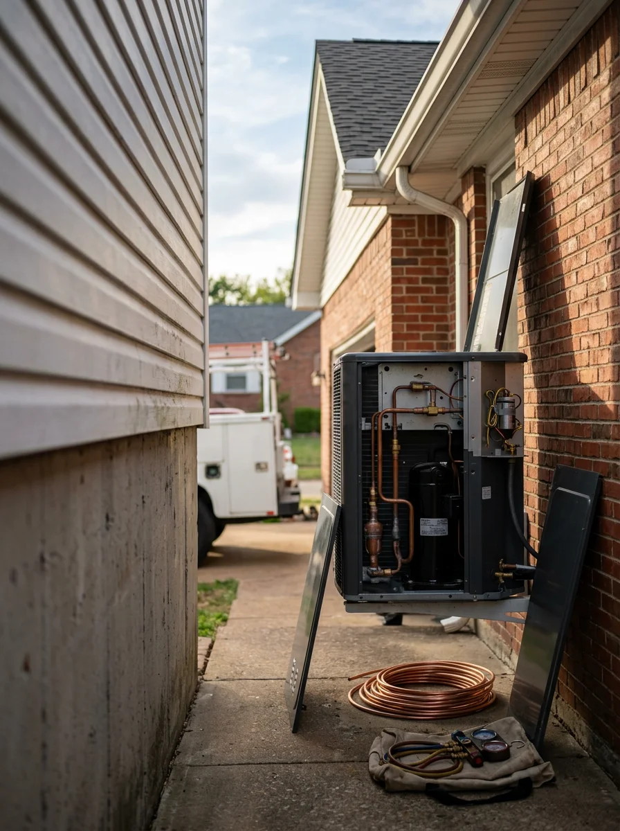 HVAC technician performing maintenance on residential heating and cooling system in St. Louis County home