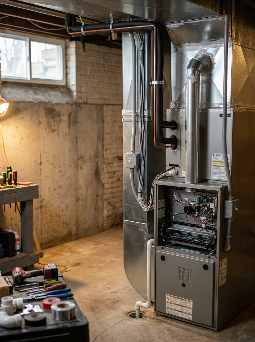 HVAC technician installing a high-efficiency furnace in a St. Louis home