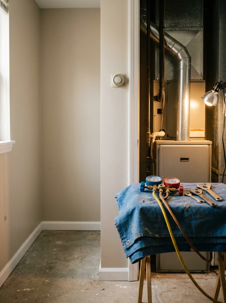HVAC technician performing maintenance on heating and cooling system in St. Peters home