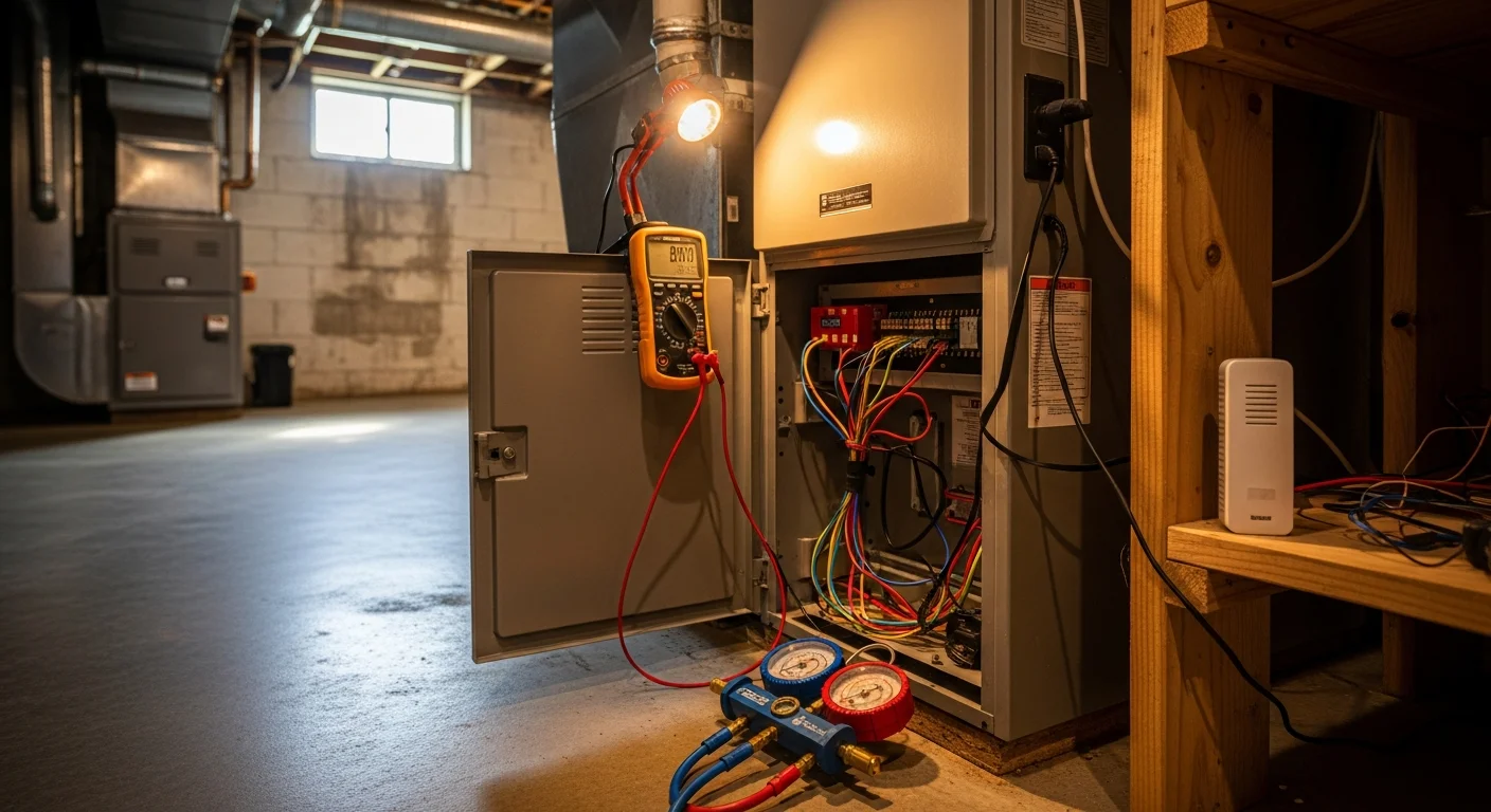 A Comfortable Carla's HVAC technician inspecting a residential furnace unit inside a Festus, Missouri home during an emergency service call. The technician is using a diagnostic tool to check system components in a utility room.