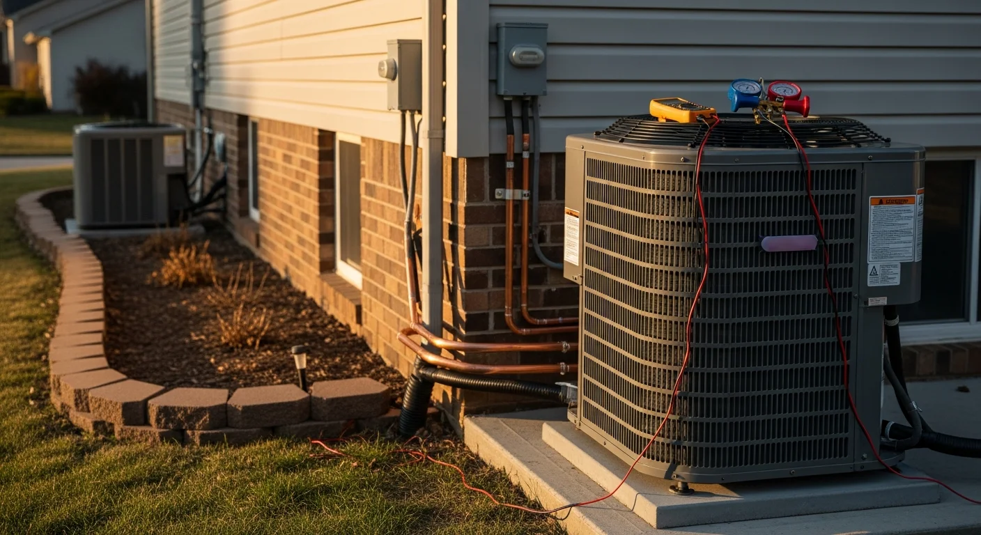 A new high-efficiency HVAC outdoor condenser unit installed beside a ranch-style home in Festus, Missouri, with clean refrigerant lines and a level concrete pad. A technician in a Comfortable Carla's uniform checks the system connections during final setup.