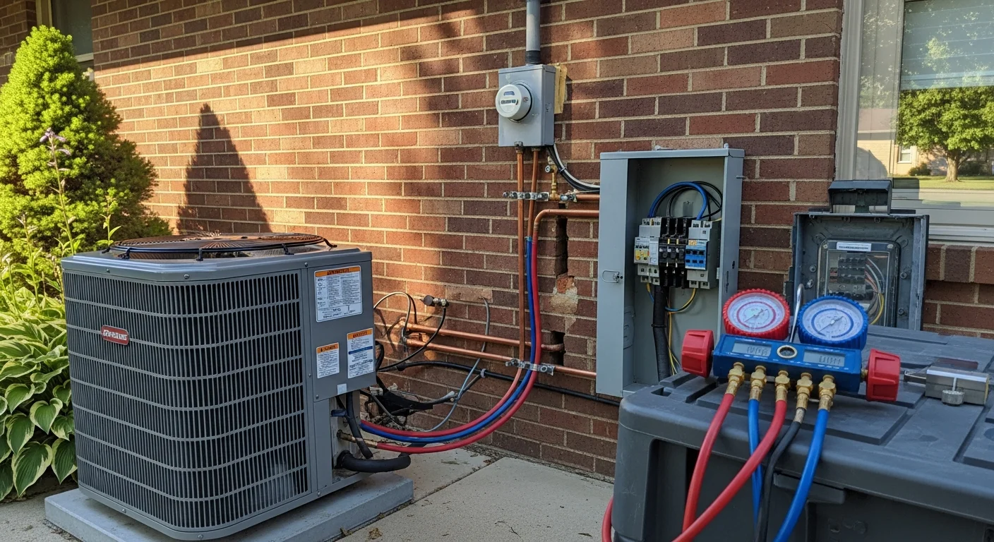 A newly installed outdoor HVAC condenser unit secured on a level concrete pad beside a ranch-style home in Festus, Missouri. A technician checks the electrical connections while the home's siding and backyard are visible in the background.