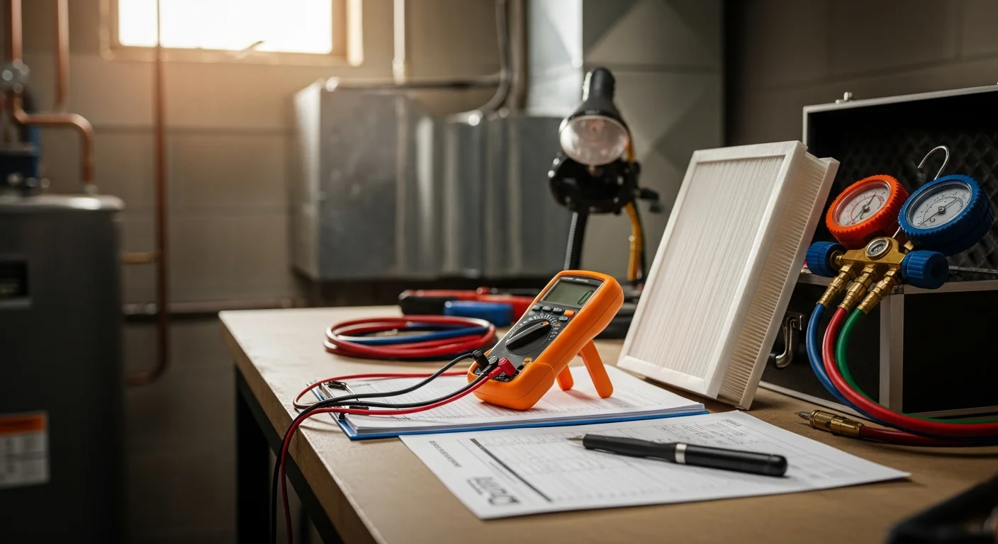 A Comfortable Carla's HVAC technician inspecting an outdoor air conditioning unit at a residential home in Festus, Missouri. The technician checks electrical connections and coil condition during a seasonal maintenance visit.