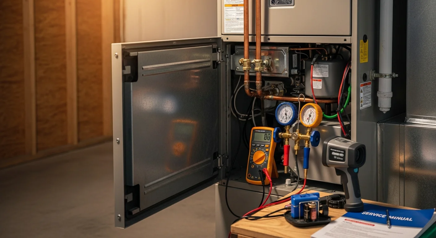 A Comfortable Carla's HVAC technician inspecting an outdoor air conditioning unit at a residential home in Festus, Missouri. The technician is checking internal components with a service tool during a repair visit.